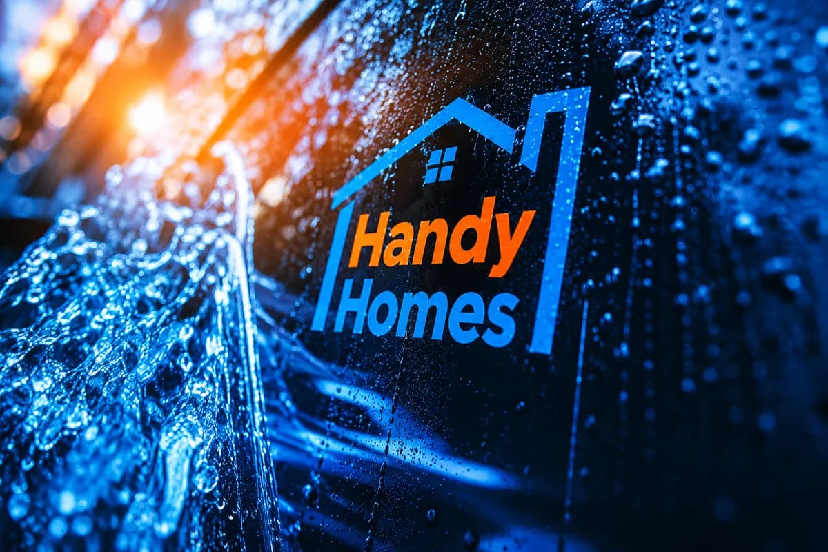 Handy Homes logo on glass covered in water droplets